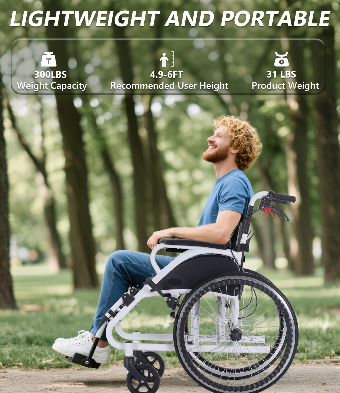  Foldable hand-push, self-propelled wheelchair, portable wheelchair for adults and seniors, 30 lbs. net weight, 230 lbs. load capacity, with footrests, large size wheels, double hand brakes.