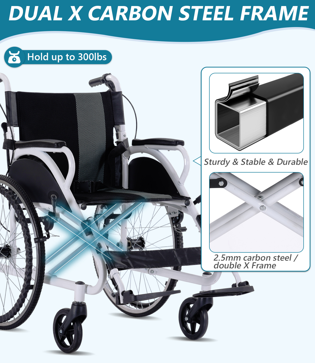  Foldable hand-push, self-propelled wheelchair, portable wheelchair for adults and seniors, 30 lbs. net weight, 230 lbs. load capacity, with footrests, large size wheels, double hand brakes.