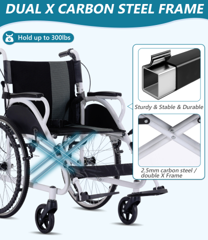  Foldable hand-push, self-propelled wheelchair, portable wheelchair for adults and seniors, 30 lbs. net weight, 230 lbs. load capacity, with footrests, large size wheels, double hand brakes.