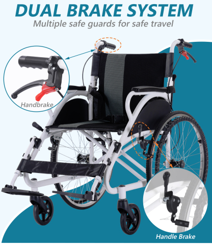  Foldable hand-push, self-propelled wheelchair, portable wheelchair for adults and seniors, 30 lbs. net weight, 230 lbs. load capacity, with footrests, large size wheels, double hand brakes.