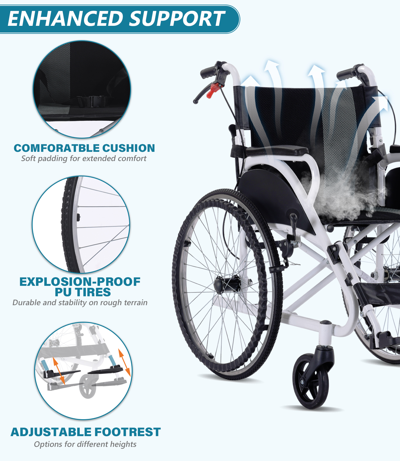  Foldable hand-push, self-propelled wheelchair, portable wheelchair for adults and seniors, 30 lbs. net weight, 230 lbs. load capacity, with footrests, large size wheels, double hand brakes.