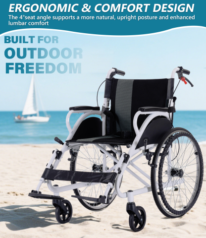  Foldable hand-push, self-propelled wheelchair, portable wheelchair for adults and seniors, 30 lbs. net weight, 230 lbs. load capacity, with footrests, large size wheels, double hand brakes.