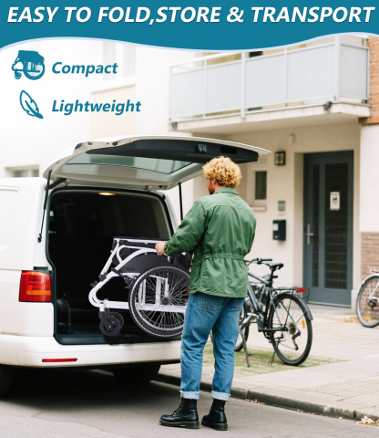  Foldable hand-push, self-propelled wheelchair, portable wheelchair for adults and seniors, 30 lbs. net weight, 230 lbs. load capacity, with footrests, large size wheels, double hand brakes.