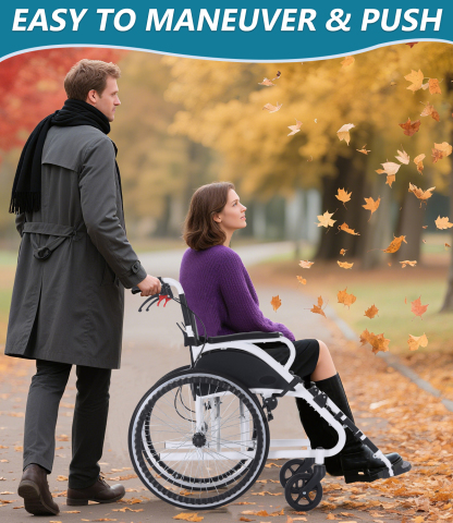  Foldable hand-push, self-propelled wheelchair, portable wheelchair for adults and seniors, 30 lbs. net weight, 230 lbs. load capacity, with footrests, large size wheels, double hand brakes.