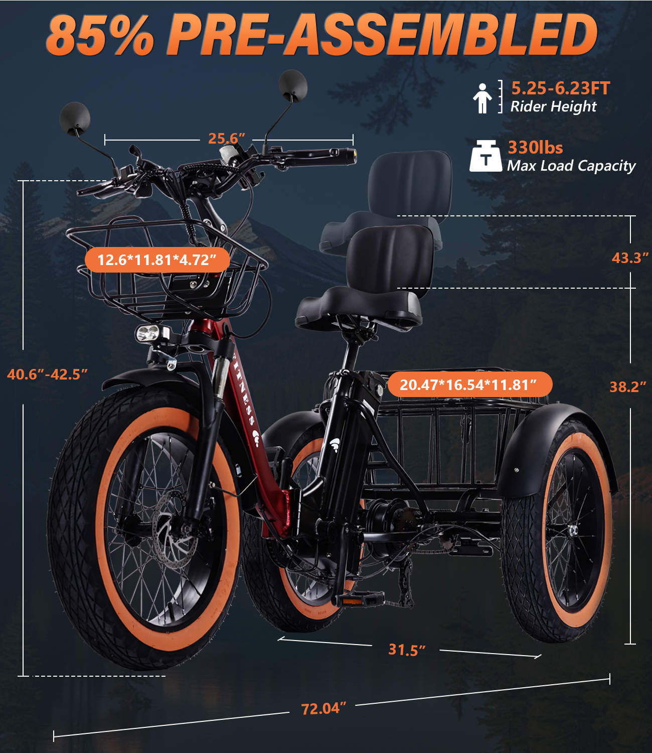 Adult electric tricycle, electric tricycle with basket, 350W high power motor, high carbon steel sturdy body, can be assembled in half an hour, aluminum alloy wheels, shock absorbing forks, 48V/15AH high capacity battery, travel up to 50 miles, 20X4.0 whe
