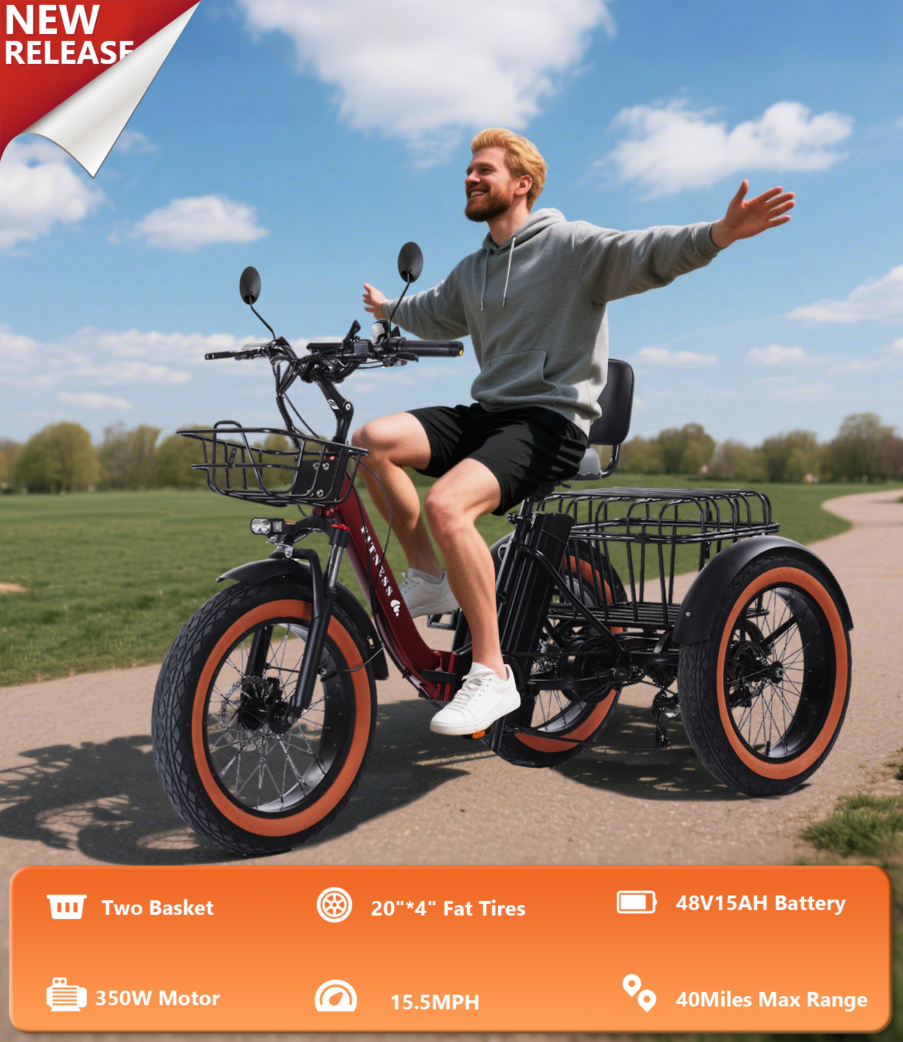 Adult electric tricycle, electric tricycle with basket, 350W high power motor, high carbon steel sturdy body, can be assembled in half an hour, aluminum alloy wheels, shock absorbing forks, 48V/15AH high capacity battery, travel up to 50 miles, 20X4.0 whe