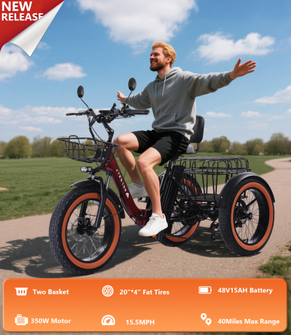 Adult electric tricycle, electric tricycle with basket, 350W high power motor, high carbon steel sturdy body, can be assembled in half an hour, aluminum alloy wheels, shock absorbing forks, 48V/15AH high capacity battery, travel up to 50 miles, 20X4.0 whe