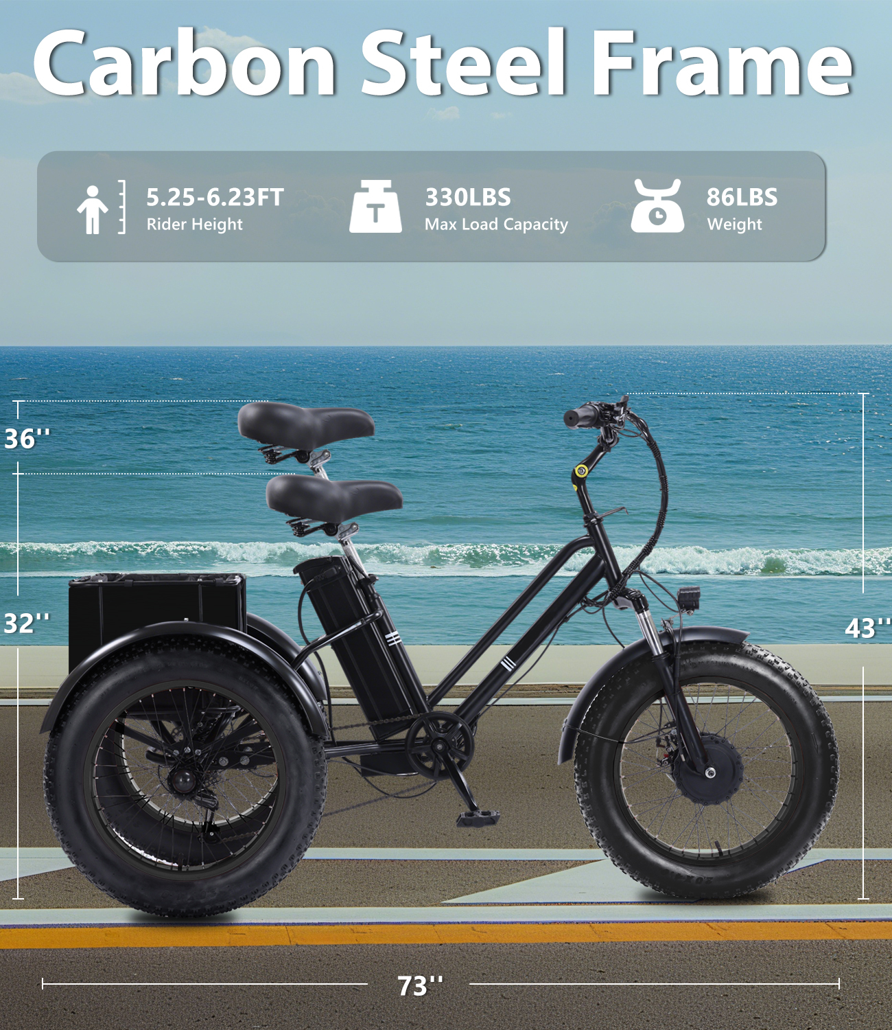 成人电动三轮车，电动三轮车，峰值500W 3轮电动自行车，可拆卸电池，升级版3轮电动自行车，行程可达50英里，20X4.0轮成人三轮车，最大速度15/mph，经典黑色带篮子