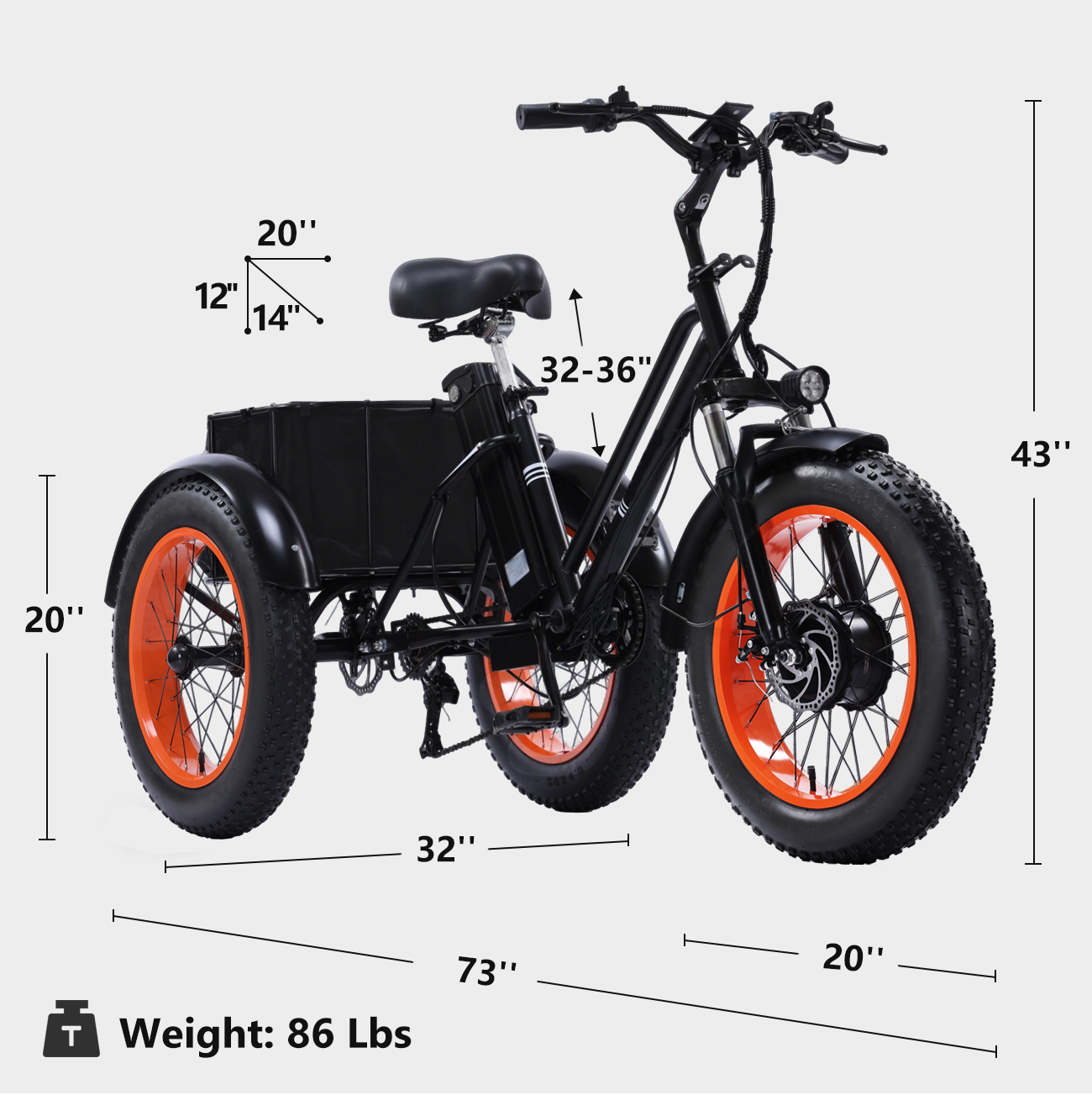 成人电动三轮车，电动三轮车，峰值500W 3轮电动自行车，可拆卸电池，升级版3轮电动自行车，行程可达50英里，20X4.0轮成人三轮车，最大速度15/mph，经典黑色带篮子