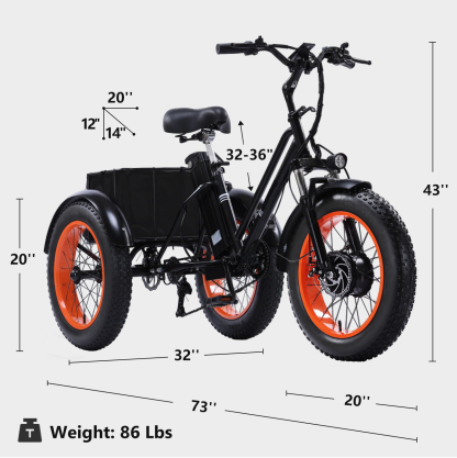 成人电动三轮车，电动三轮车，峰值500W 3轮电动自行车，可拆卸电池，升级版3轮电动自行车，行程可达50英里，20X4.0轮成人三轮车，最大速度15/mph，经典黑色带篮子