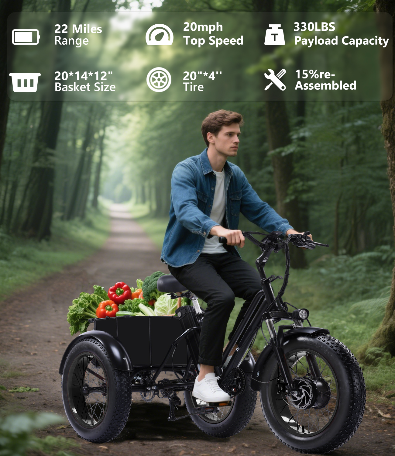 成人电动三轮车，电动三轮车，峰值500W 3轮电动自行车，可拆卸电池，升级版3轮电动自行车，行程可达50英里，20X4.0轮成人三轮车，最大速度15/mph，经典黑色带篮子