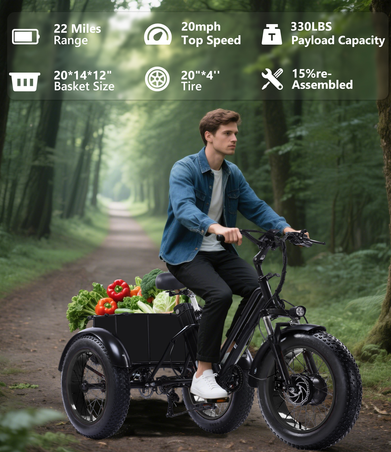 成人电动三轮车，电动三轮车，峰值500W 3轮电动自行车，可拆卸电池，升级版3轮电动自行车，行程可达50英里，20X4.0轮成人三轮车，最大速度15/mph，经典黑色带篮子