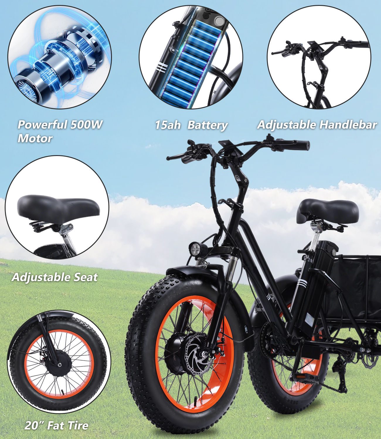 Adult electric tricycle, 500W folding electric tricycle, torque 60 Nm, senior tricycle, equipped with a large-capacity basket and removable 48V 15Ah battery, maximum load capacity 400 lbs, maximum speed 18 mph, range 50 miles.