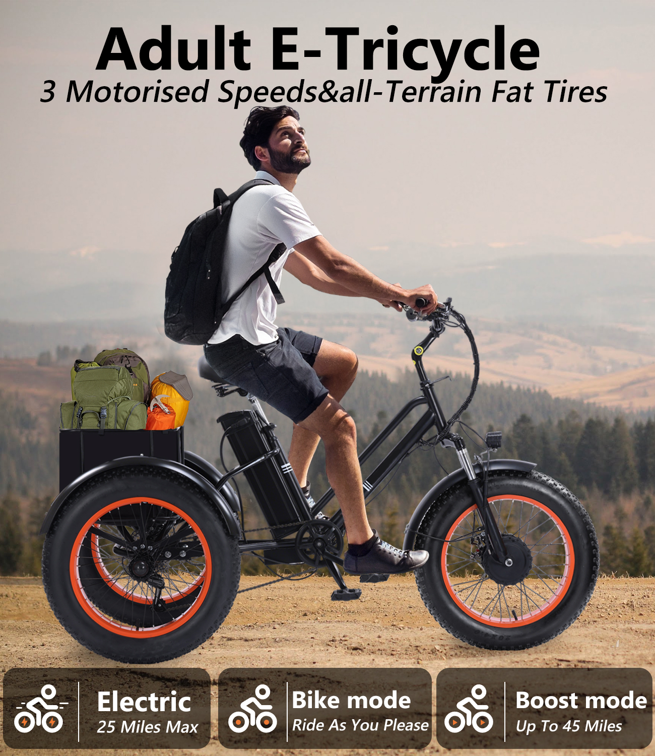 BK-004 Adult Electric Tricycle, 500W motor, 48V15AH removable battery, 440 lbs max weight capacity, 50 miles max range, 18 mph max speed