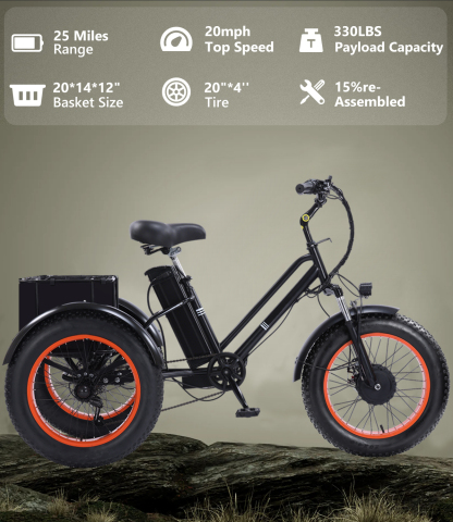 BK-004 Adult Electric Tricycle, 500W motor, 48V15AH removable battery, 440 lbs max weight capacity, 50 miles max range, 18 mph max speed
