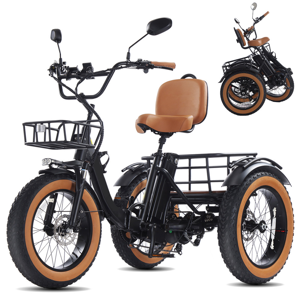 Adult electric tricycle, 250W motor power, 48V 15.6Ah lithium battery, 20" x 4.0" fat tyres, 60-mile range, maximum speed 19km/h, 400lb load capacity, featuring a large basket and foldable design. The perfect Christmas gift for parents.