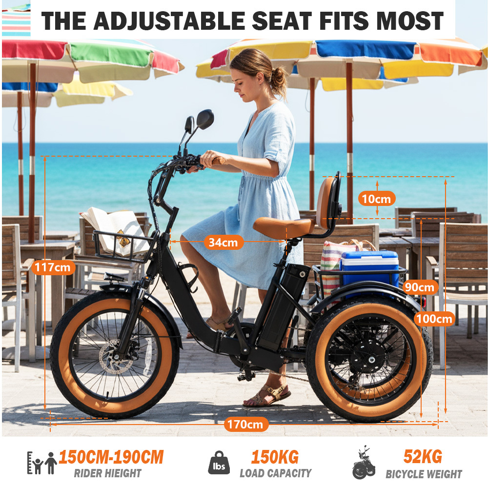 Adult electric tricycle, 250W motor power, 48V 15.6Ah lithium battery, 20" x 4.0" fat tyres, 60-mile range, maximum speed 19km/h, 400lb load capacity, featuring a large basket and foldable design. The perfect Christmas gift for parents.