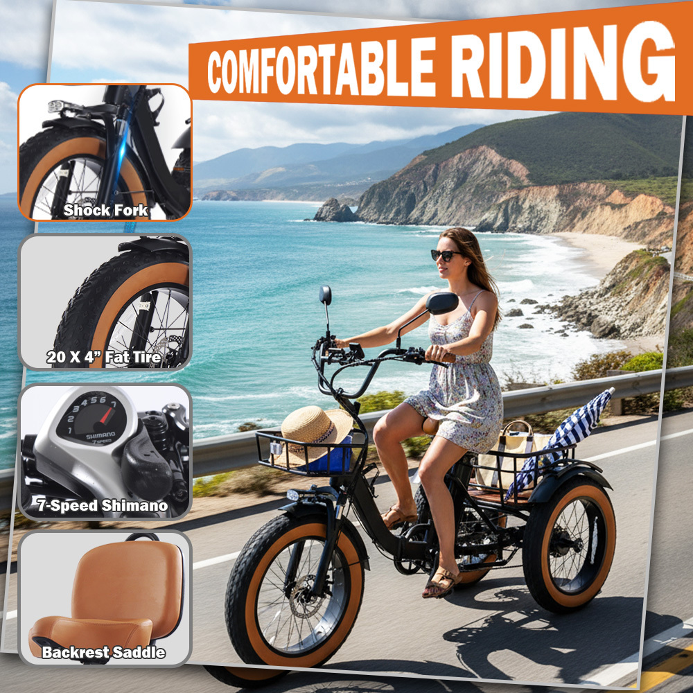 Adult electric tricycle, 250W motor power, 48V 15.6Ah lithium battery, 20" x 4.0" fat tyres, 60-mile range, maximum speed 19km/h, 400lb load capacity, featuring a large basket and foldable design. The perfect Christmas gift for parents.