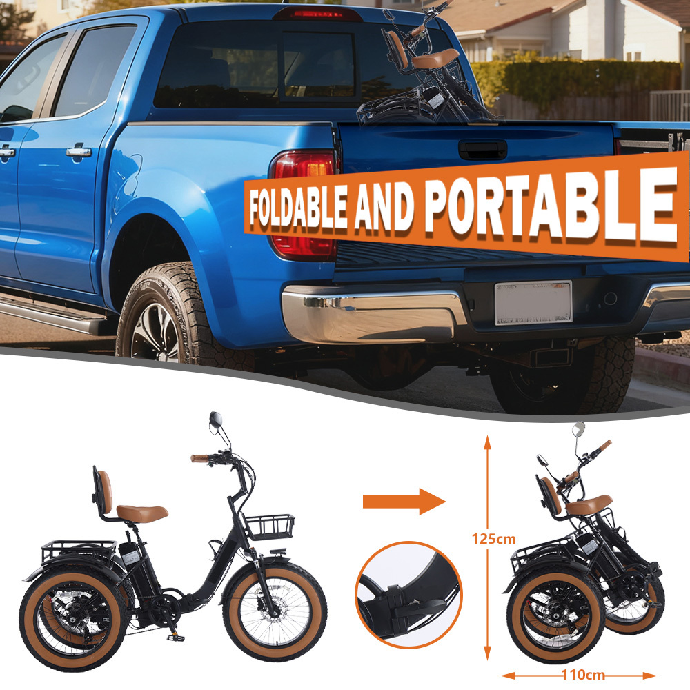 Adult electric tricycle, 250W motor power, 48V 15.6Ah lithium battery, 20" x 4.0" fat tyres, 60-mile range, maximum speed 19km/h, 400lb load capacity, featuring a large basket and foldable design. The perfect Christmas gift for parents.