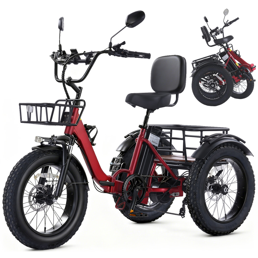 Adult electric tricycle, 250W motor power, 48V 15.6Ah lithium battery, 20" x 4.0" fat tyres, 60-mile range, maximum speed 19km/h, 400lb load capacity, featuring a large basket and foldable design. The perfect Christmas gift for parents.
