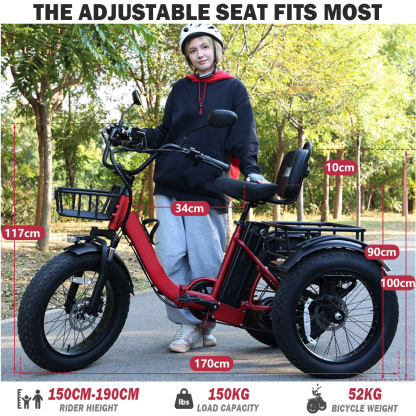 Adult electric tricycle, 250W motor power, 48V 15.6Ah lithium battery, 20" x 4.0" fat tyres, 60-mile range, maximum speed 19km/h, 400lb load capacity, featuring a large basket and foldable design. The perfect Christmas gift for parents.