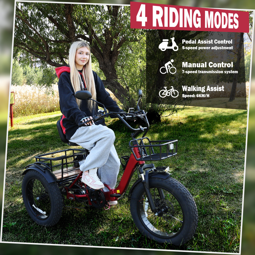 Adult electric tricycle, 250W motor power, 48V 15.6Ah lithium battery, 20" x 4.0" fat tyres, 60-mile range, maximum speed 19km/h, 400lb load capacity, featuring a large basket and foldable design. The perfect Christmas gift for parents.