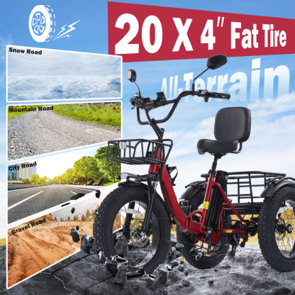 Adult electric tricycle, 250W motor power, 48V 15.6Ah lithium battery, 20" x 4.0" fat tyres, 60-mile range, maximum speed 19km/h, 400lb load capacity, featuring a large basket and foldable design. The perfect Christmas gift for parents.