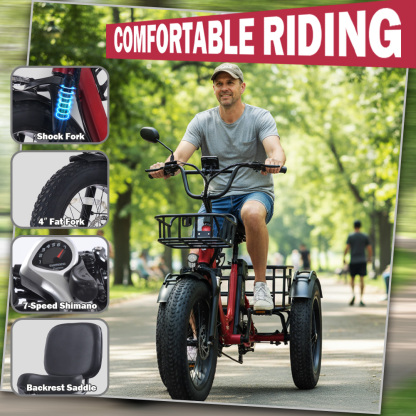 Adult electric tricycle, 250W motor power, 48V 15.6Ah lithium battery, 20" x 4.0" fat tyres, 60-mile range, maximum speed 19km/h, 400lb load capacity, featuring a large basket and foldable design. The perfect Christmas gift for parents.