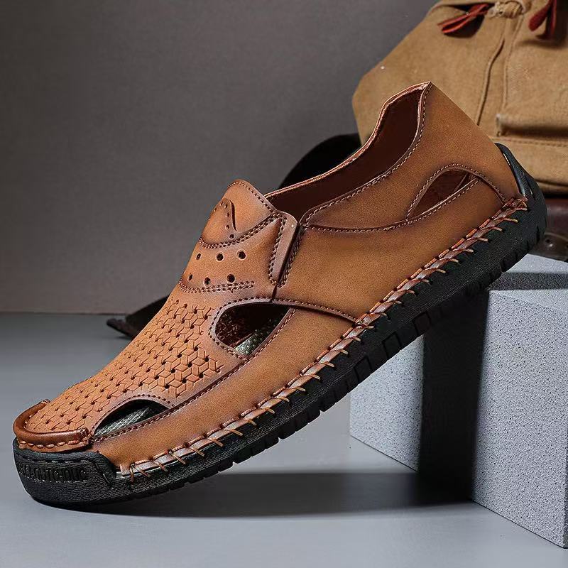 Men's Handmade Genuine Leather Breathable Orthopedic Slip-on Sandals
