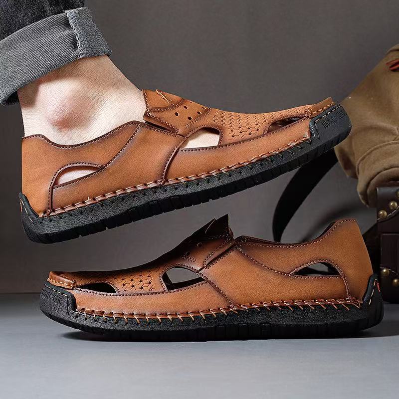 Men's Handmade Genuine Leather Breathable Orthopedic Slip-on Sandals