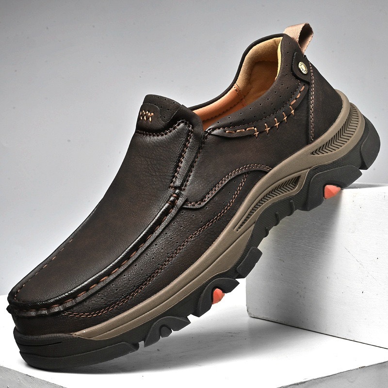 Men’ Genuine Leather Outdoor Slip-On Loafers with Arch Support & Wide 