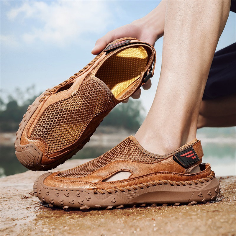Mens Handcrafted Cowhide Mesh Breathable Orthopedic Outdoor Sandals