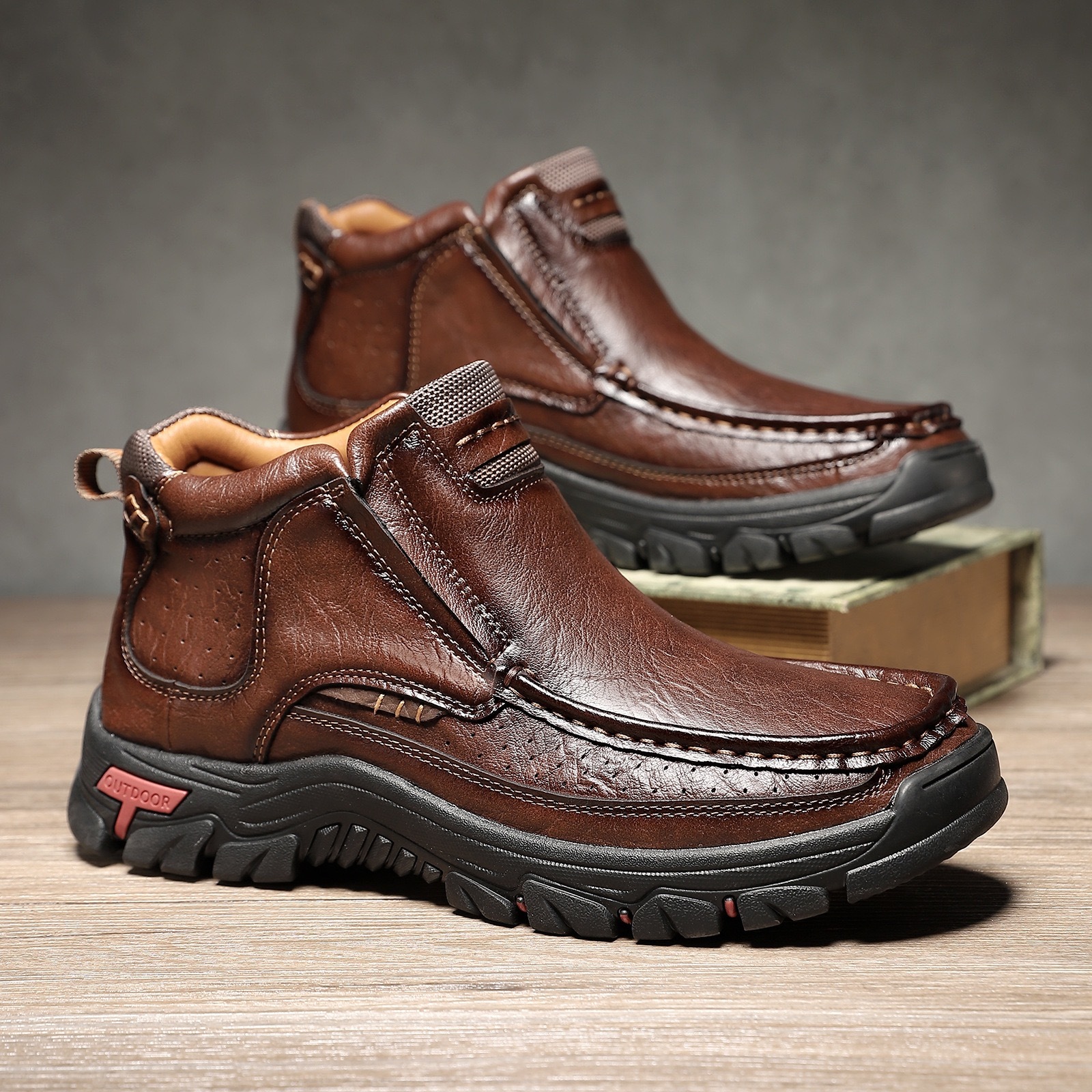 TREADVALE®Men’s Outdoor Hand Sewn Slip-On Full Grain Leather Boots