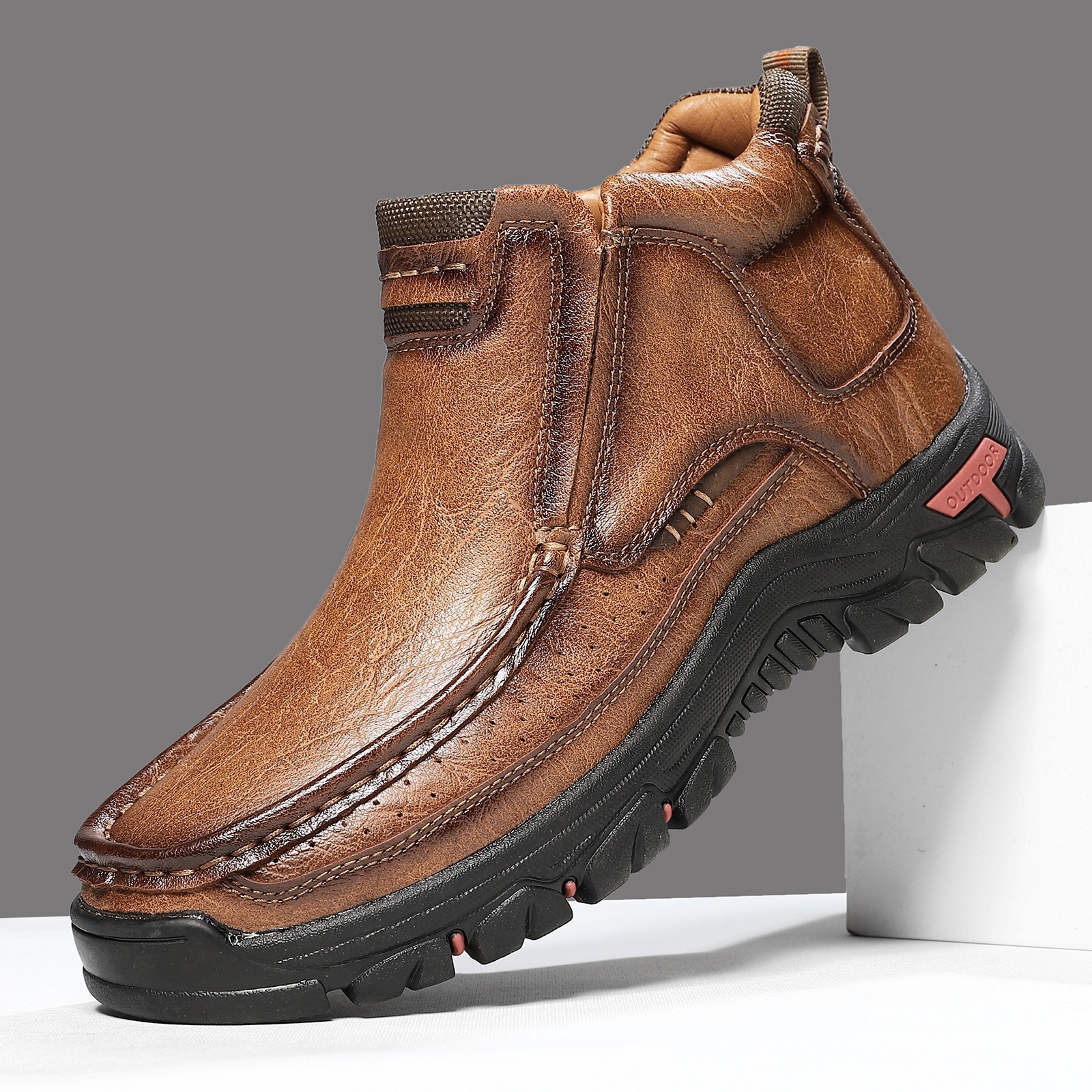 TREADVALE®Men’s Outdoor Hand Sewn Slip-On Full Grain Leather Boots