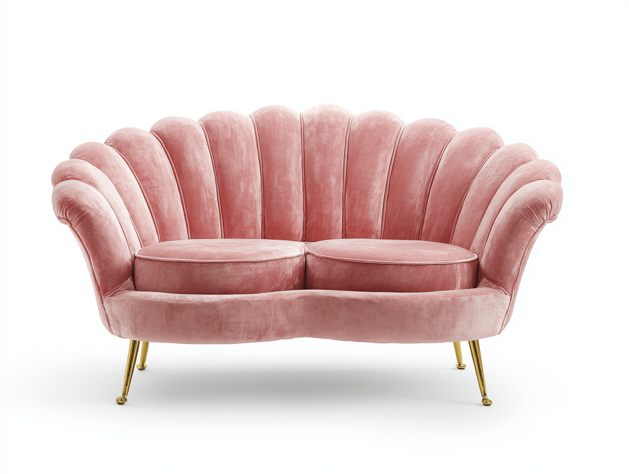Canapé 2 places – velours rose – dossier coquillage et coussins d’assise ronds – pieds dorés-Warmthix