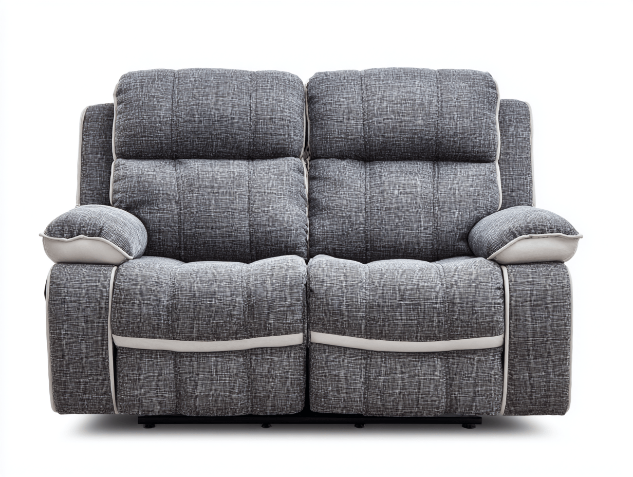 Canapé relax 2 places – tissu gris chiné et similicuir blanc – mécanisme manuel – accoudoirs moelleux – design contrasté-Warmthix