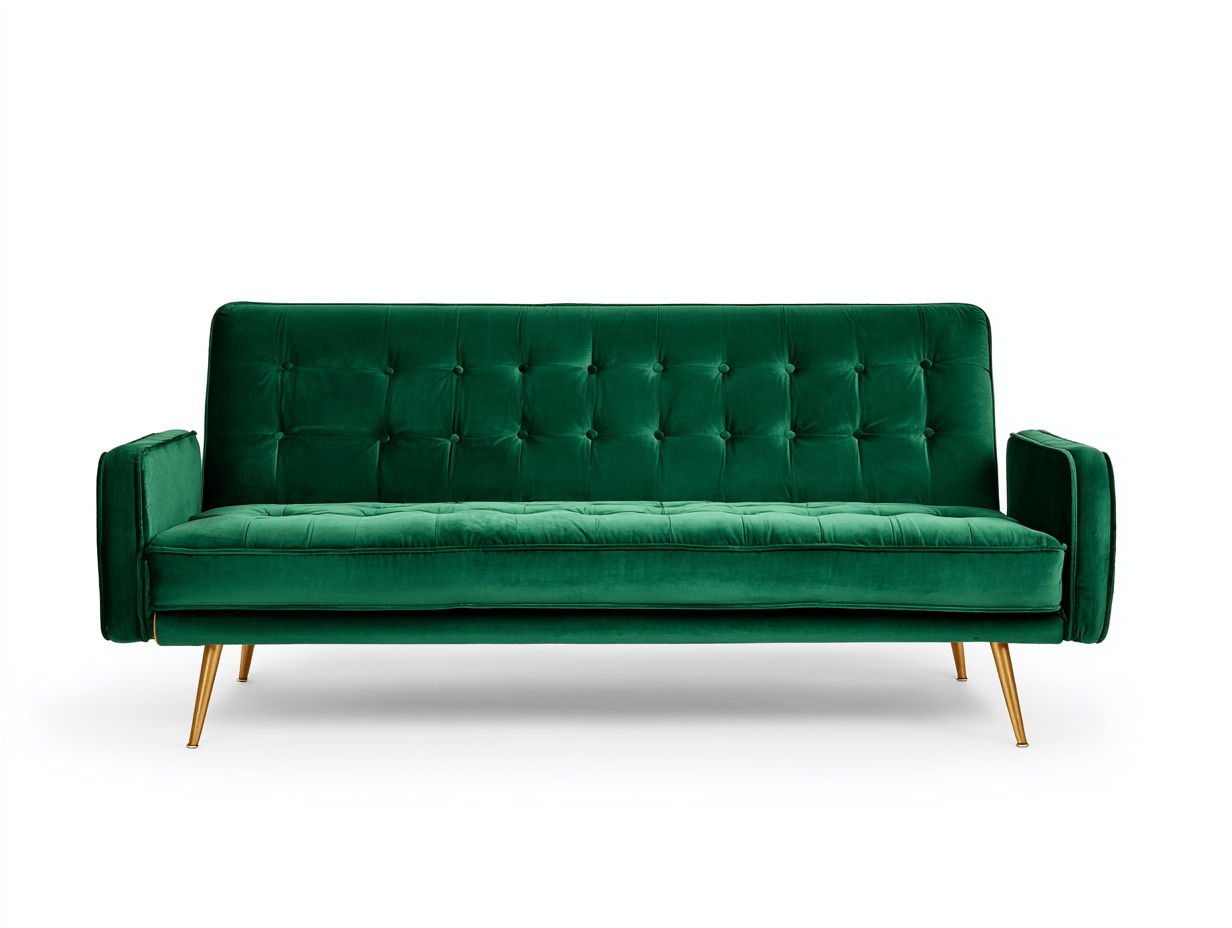 Canapé-lit en velours – vert – pieds dorés et accoudoirs rembourrés-Warmthix