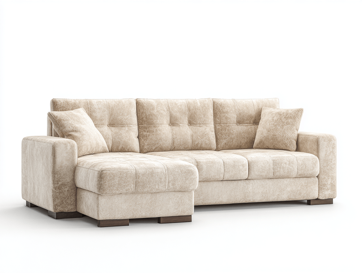 Canapé d’angle en tissu – 260×160 cm – beige – avec méridienne et coussins assortis-Warmthix