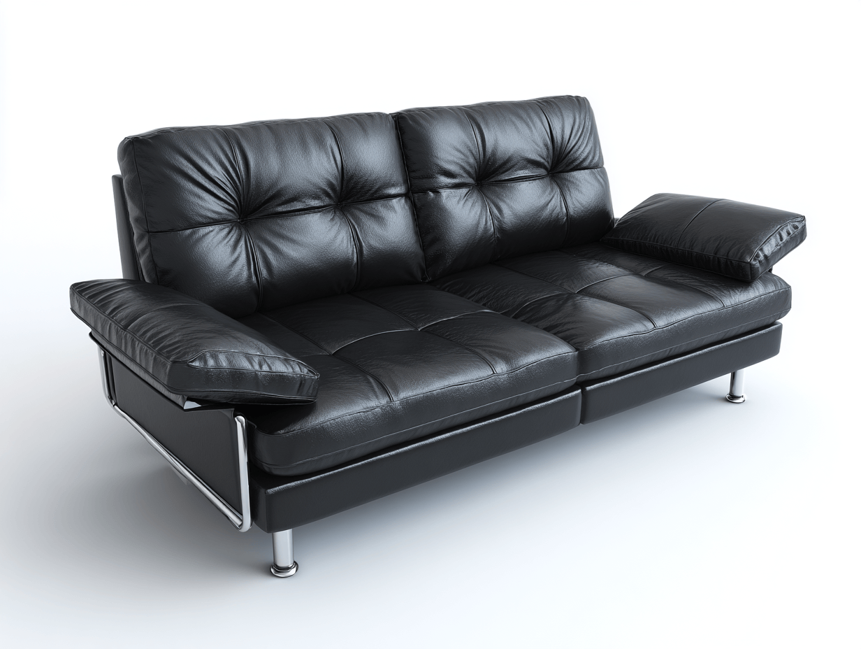 Canapé convertible en simili cuir noir – accoudoirs larges – pieds et structure en métal chromé-Warmthix