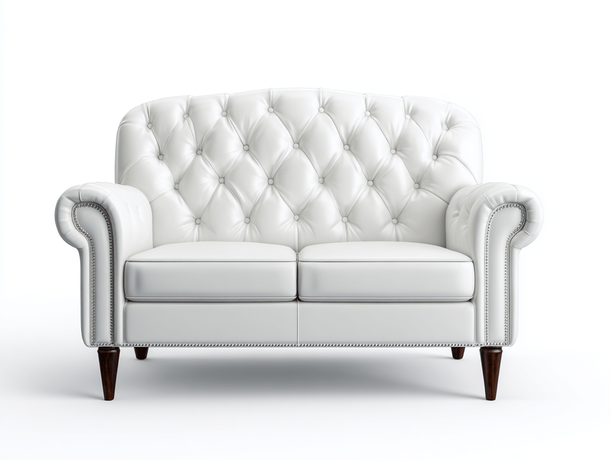 Canapé 2 places – simili cuir blanc – capitonné – accoudoirs arrondis – pieds bois effilés-Warmthix