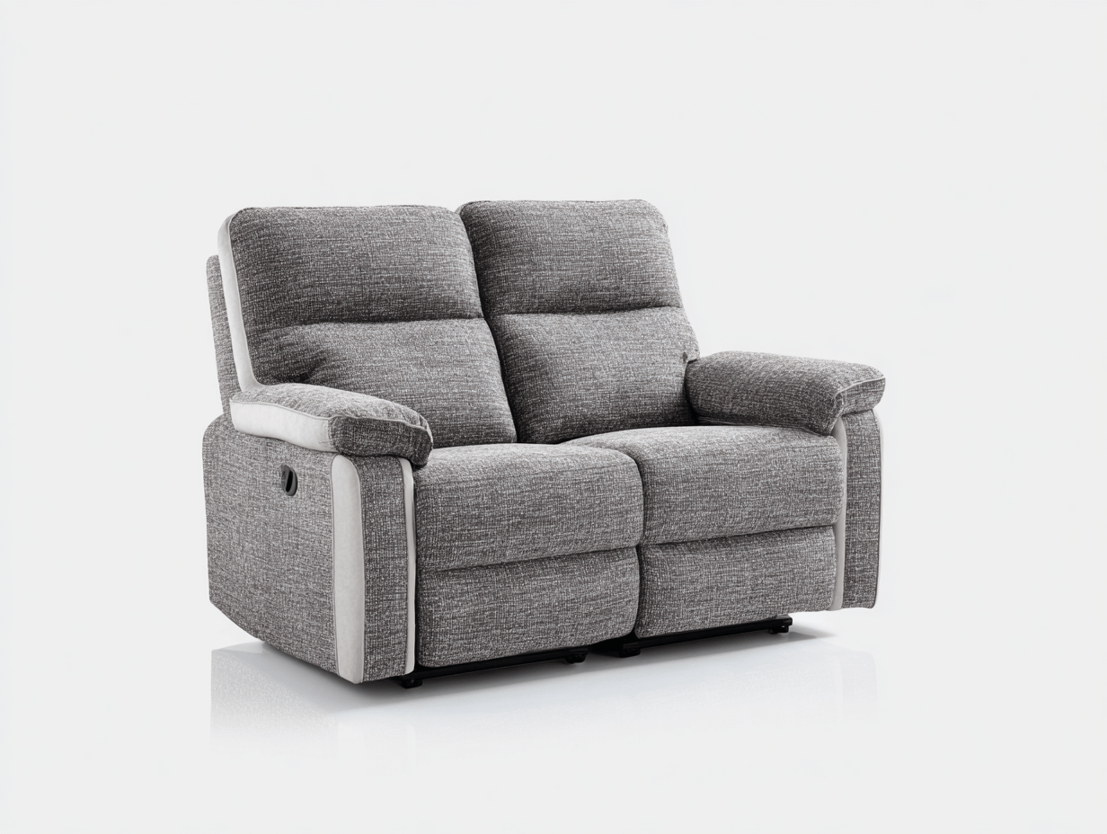Canapé relax 2 places – tissu gris avec bordures blanches – accoudoirs épais – mécanisme manuel – style contemporain-Warmthix