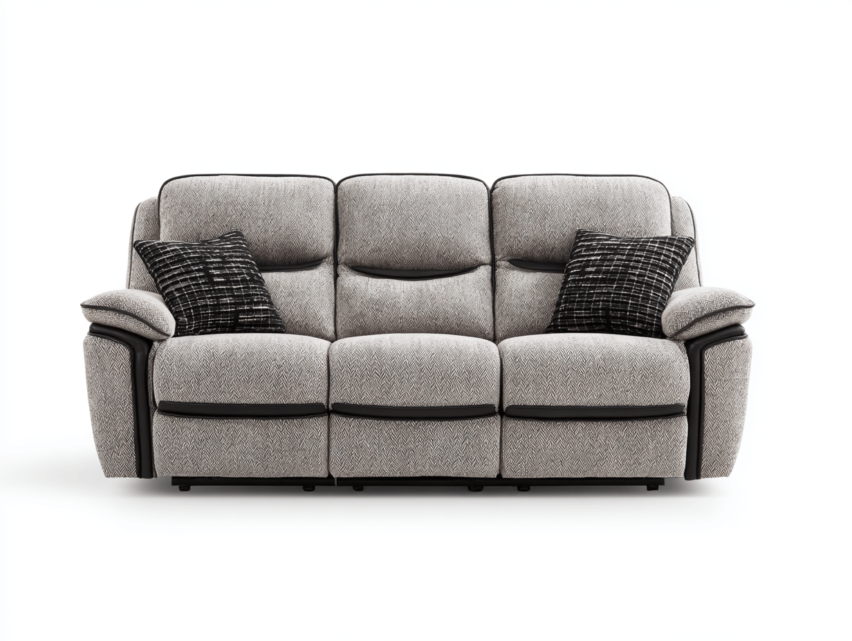 Canapé 3 places inclinable tissu 210×95 cm – gris clair et noir – avec accoudoirs en cuir et coussins décoratifs-Warmthix