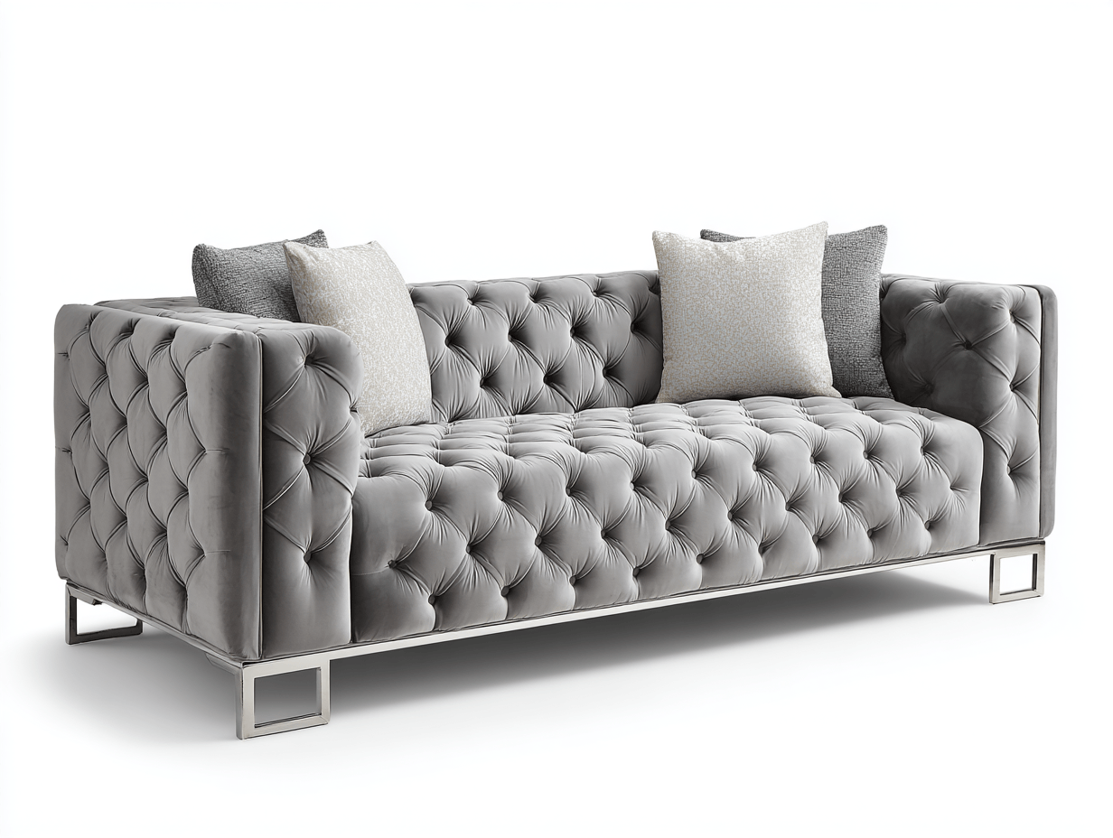 Canapé 2 places – velours gris – entièrement capitonné avec pieds en métal chromé-Warmthix