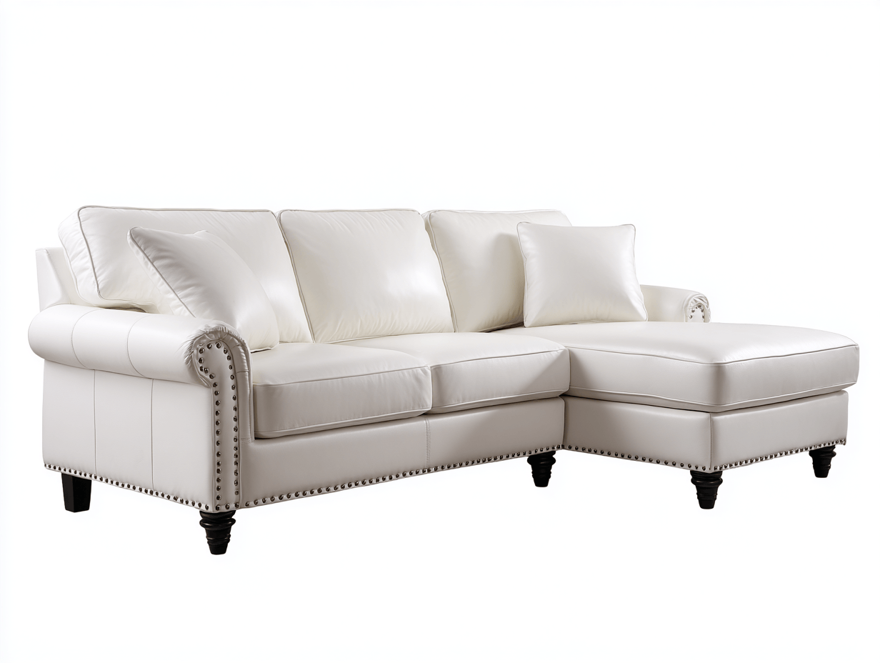Canapé d’angle en cuir synthétique – blanc – style classique capitonné avec coussins décoratifs-Warmthix