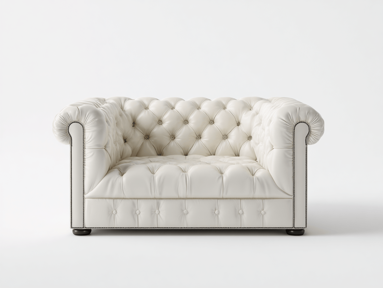 Canapé 2 places – simili cuir blanc – entièrement capitonné – style Chesterfield – pieds bois foncé-Warmthix