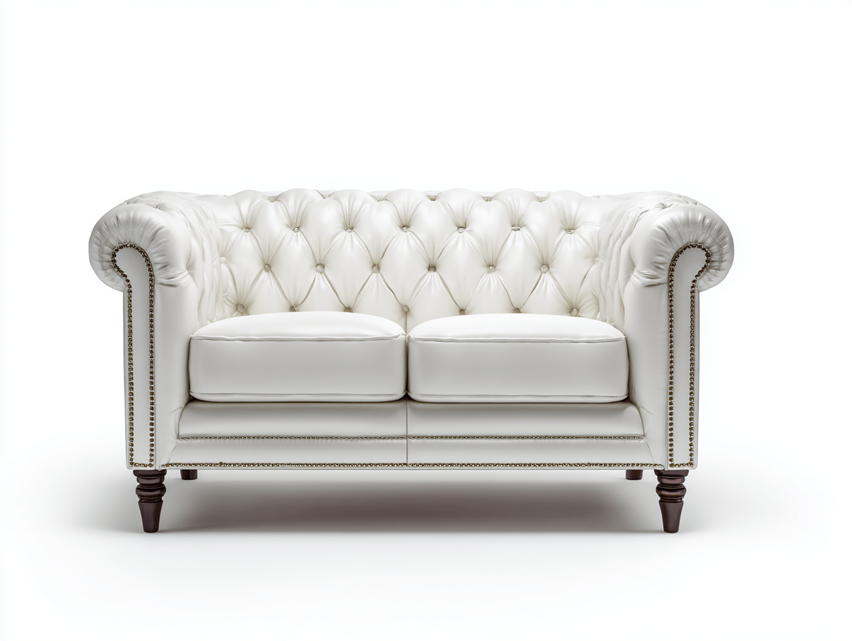 Canapé 2 places – simili cuir blanc – style Chesterfield capitonné – finition cloutée dorée – pieds bois foncé-Warmthix