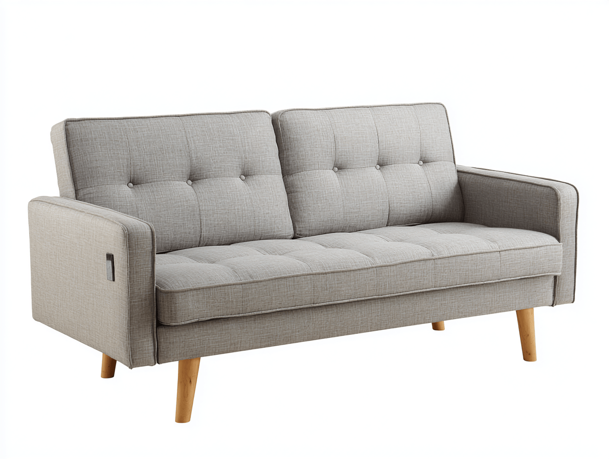 Canapé-lit en tissu – gris clair – accoudoirs carrés, pieds bois, port USB intégré-Warmthix