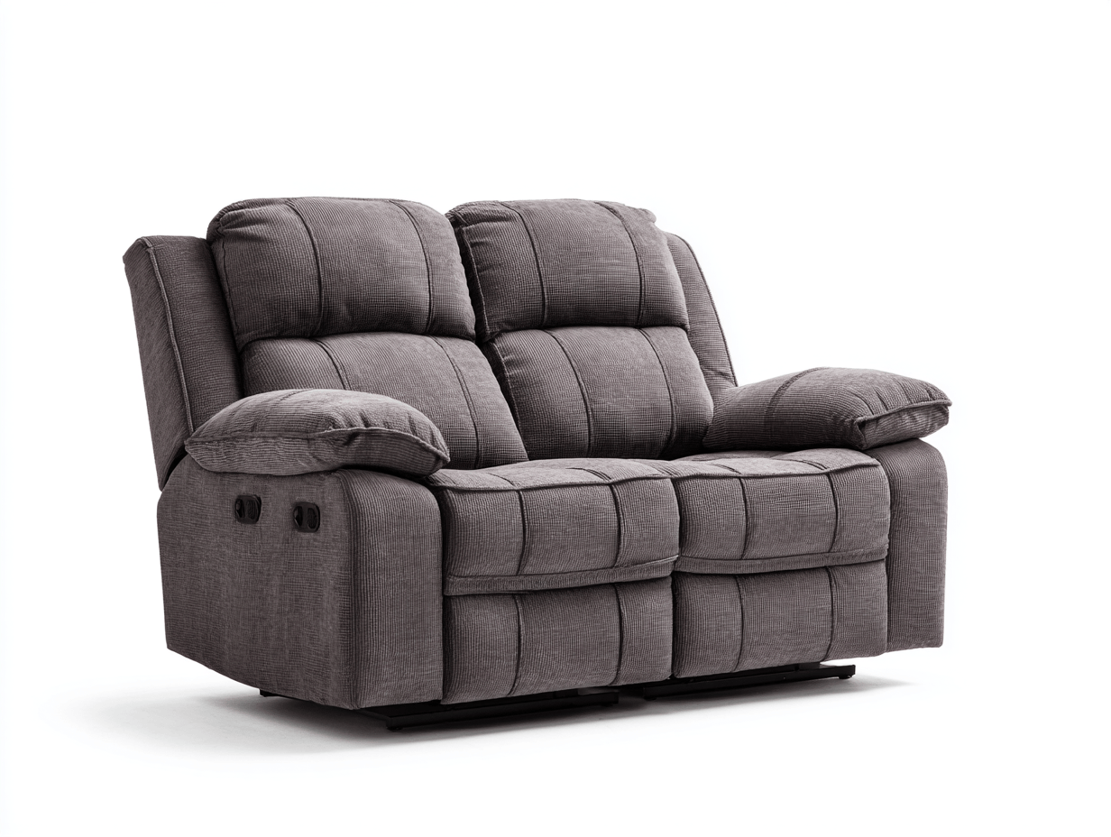 Canapé relax 2 places – tissu gris foncé – dossier surpiqué – mécanisme manuel double – accoudoirs épais rembourrés-Warmthix