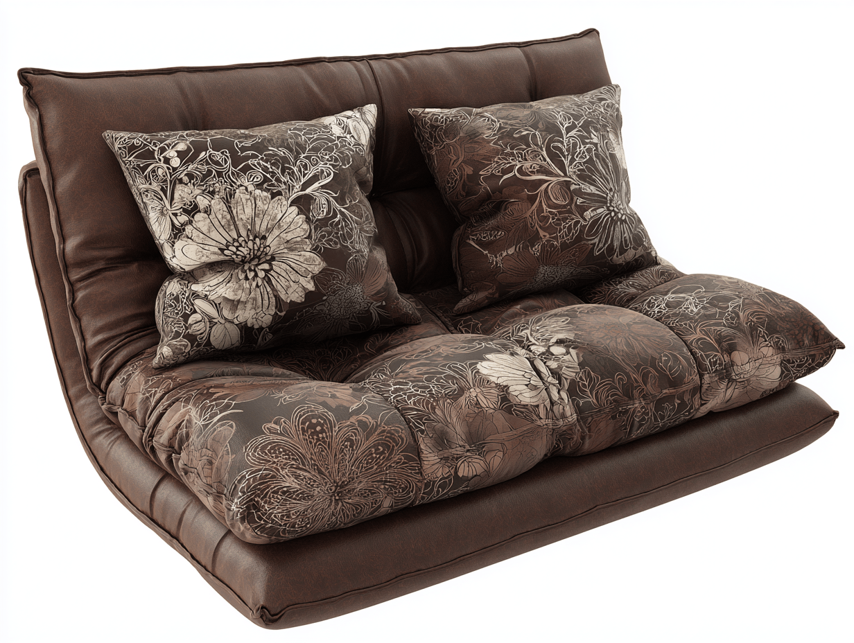 Canapé-lit en cuir synthétique – marron – avec coussins imprimés floraux-Warmthix