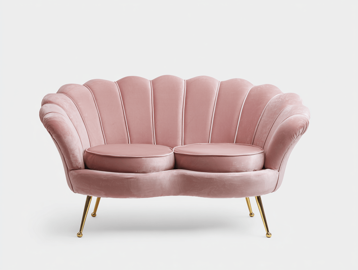 Canapé 2 places – velours rose – dossier coquillage avec coussins ronds et pieds dorés-Warmthix